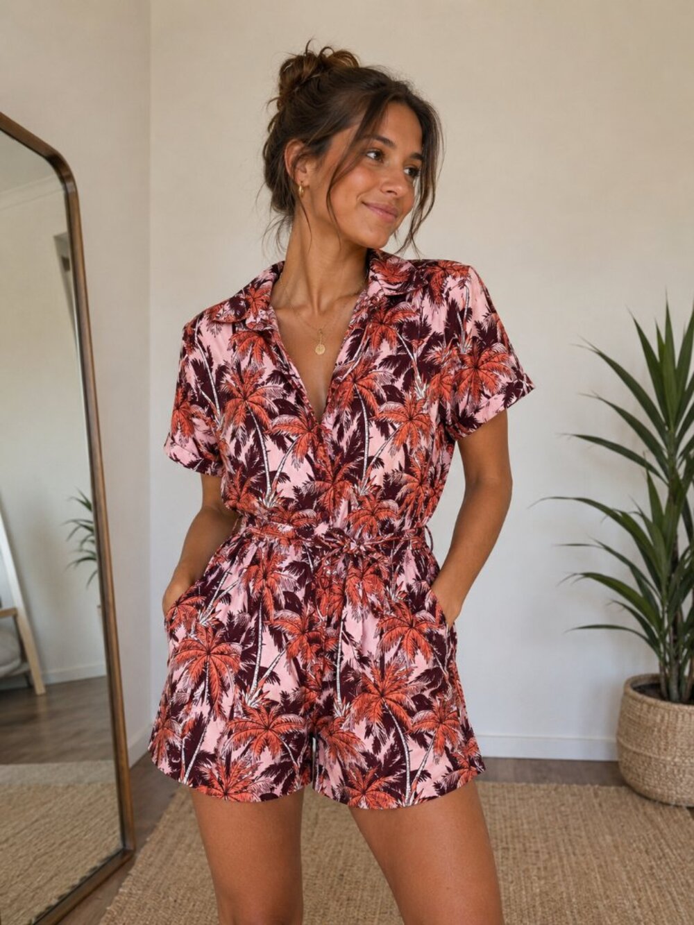 TopShop Palm Tree Print Romper with Belt